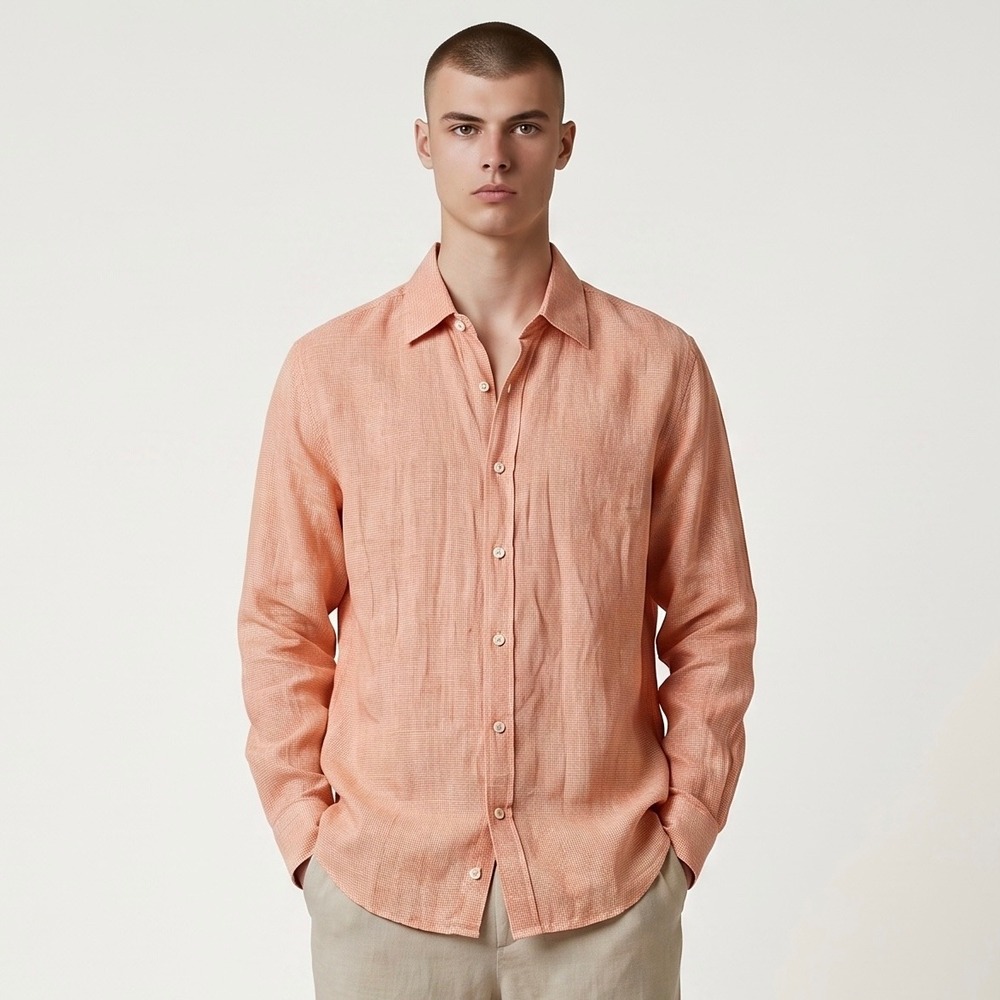 Saks Fifth Avenue Mens Linen Shirt Medium M Orange Peach Lightweight Button Up